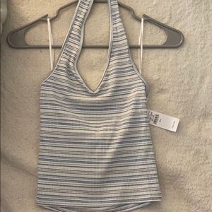 blue, white, grey, and black striped halter top